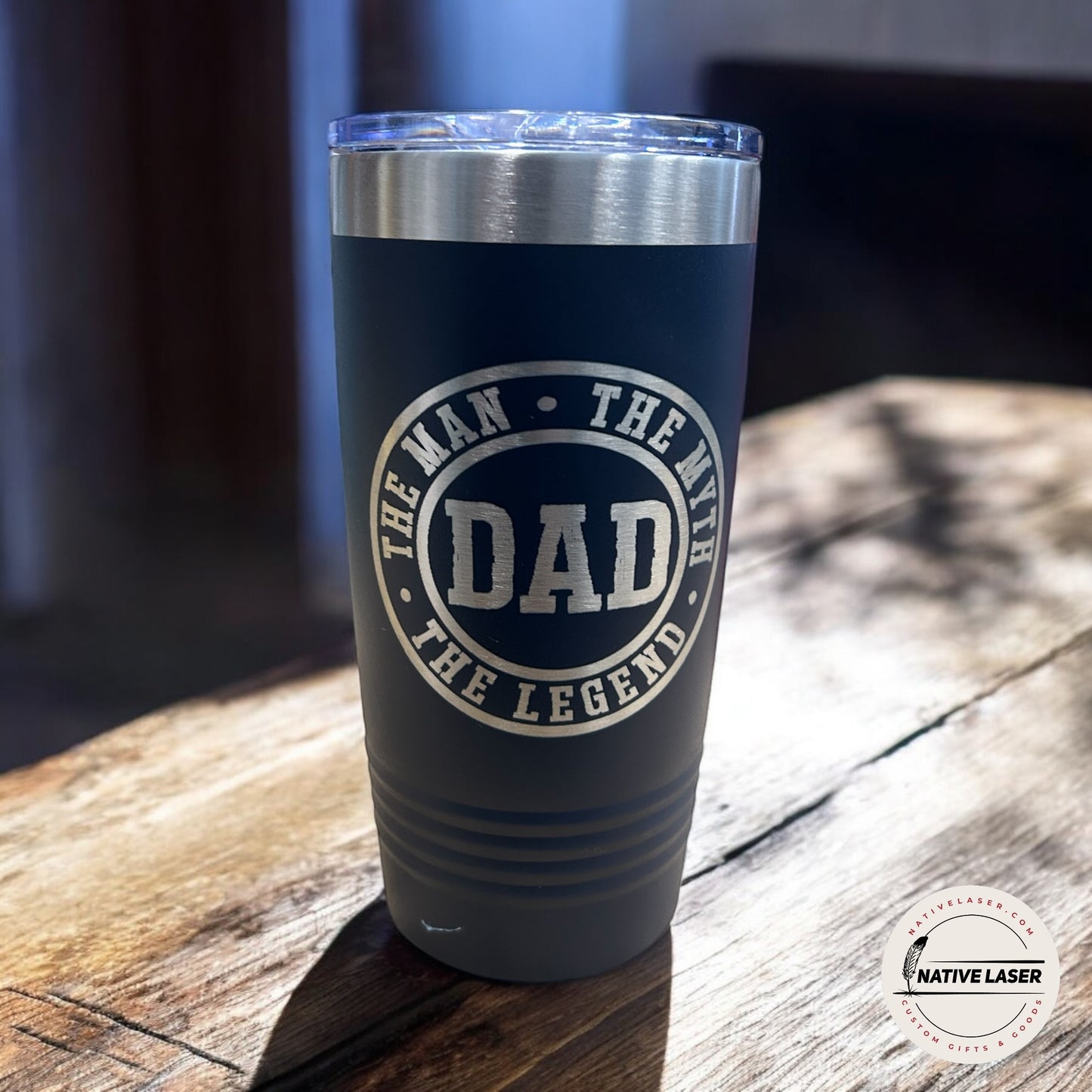 "Dad- The Man. The Myth. The Legend (Round)" Tumbler – 20oz Stainless Steel Insulated Travel Mug
